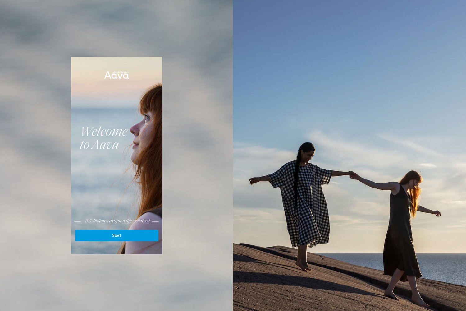 UI image of the Aava app and an Aava brand image of two people dancing on the rocks