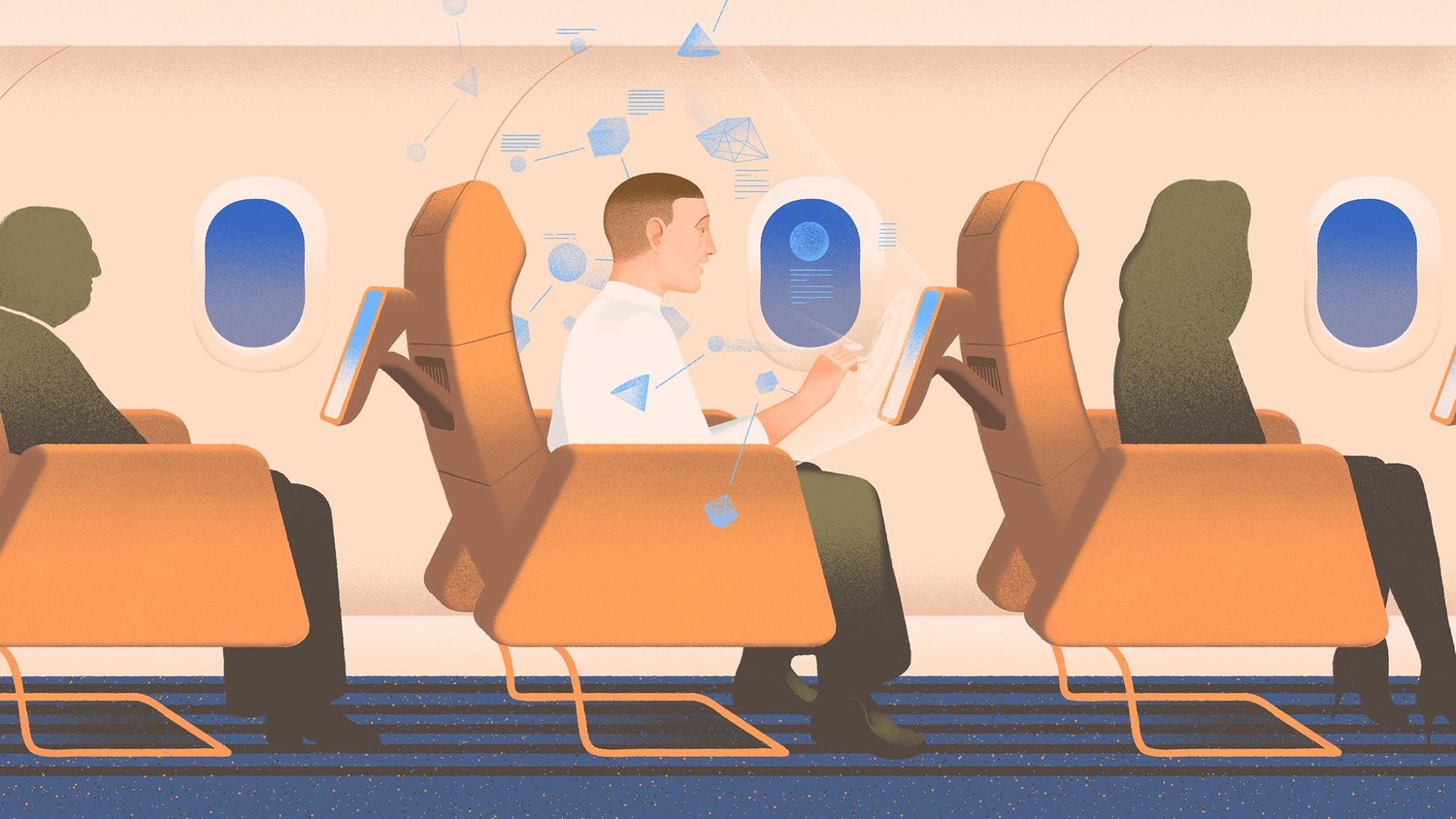 An illustration of a person in an airplane using an IFE system
