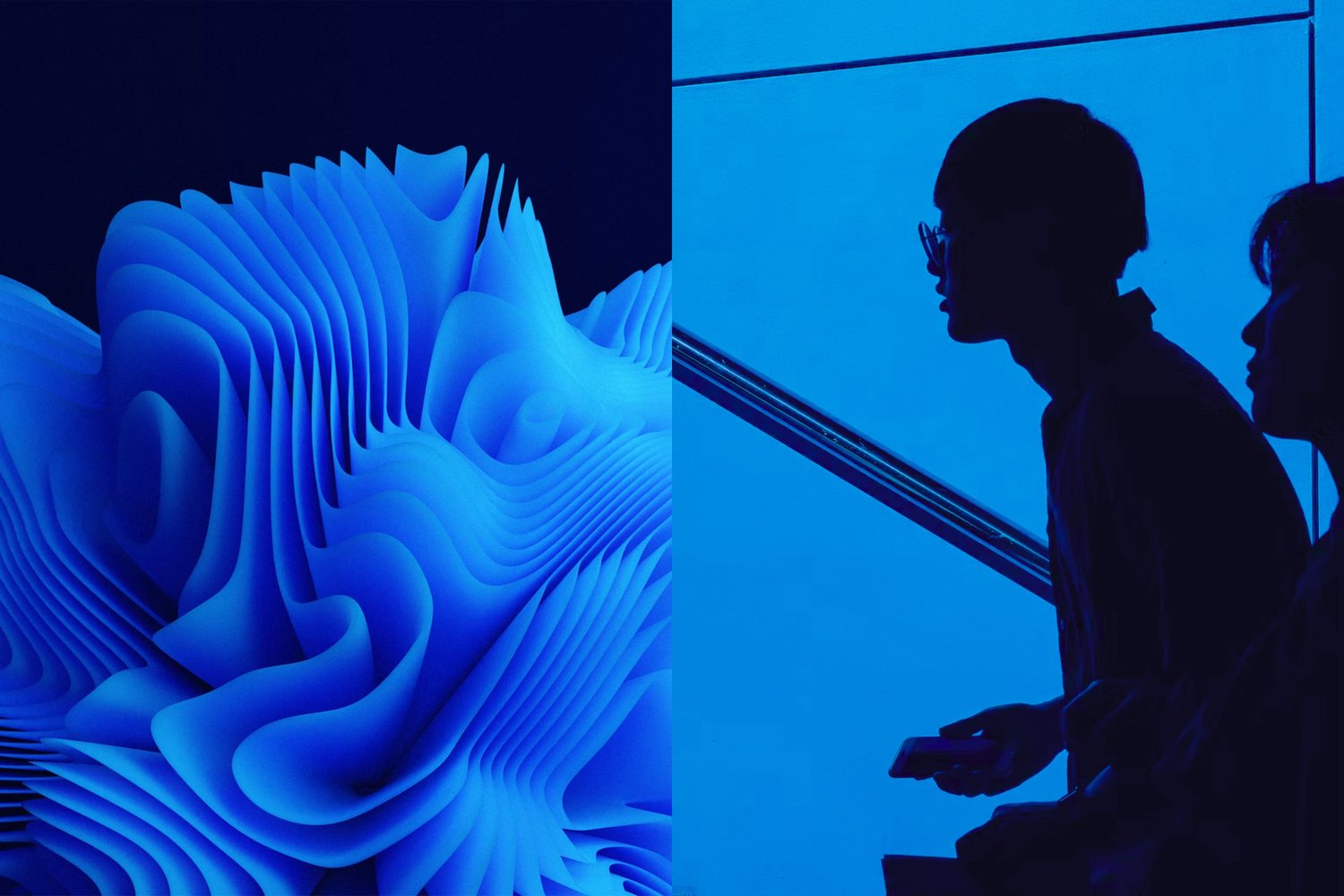 People walking at the airport and an abstract, blue illustration