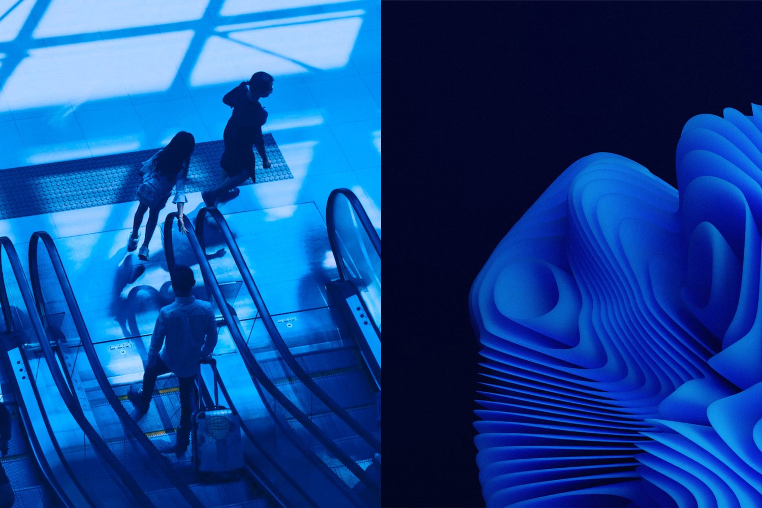 People walking at the airport and an abstract, blue illustration