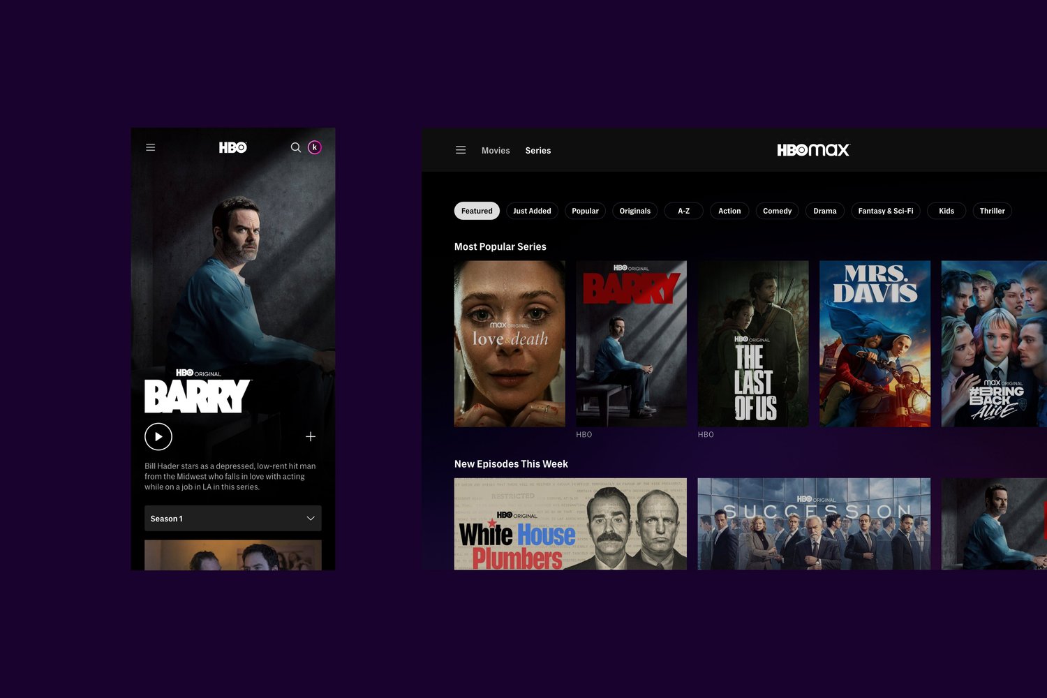 UI of HBO MAX streaming service