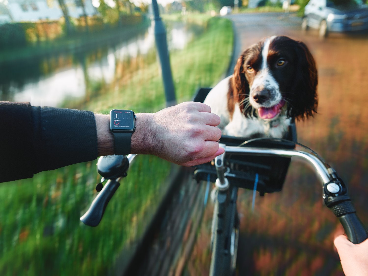 Person checking their health while biking 